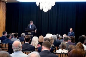 Javier Milei, ayer, en el encuentro con empresarios e inversionistas en un hotel en Los Ángeles.