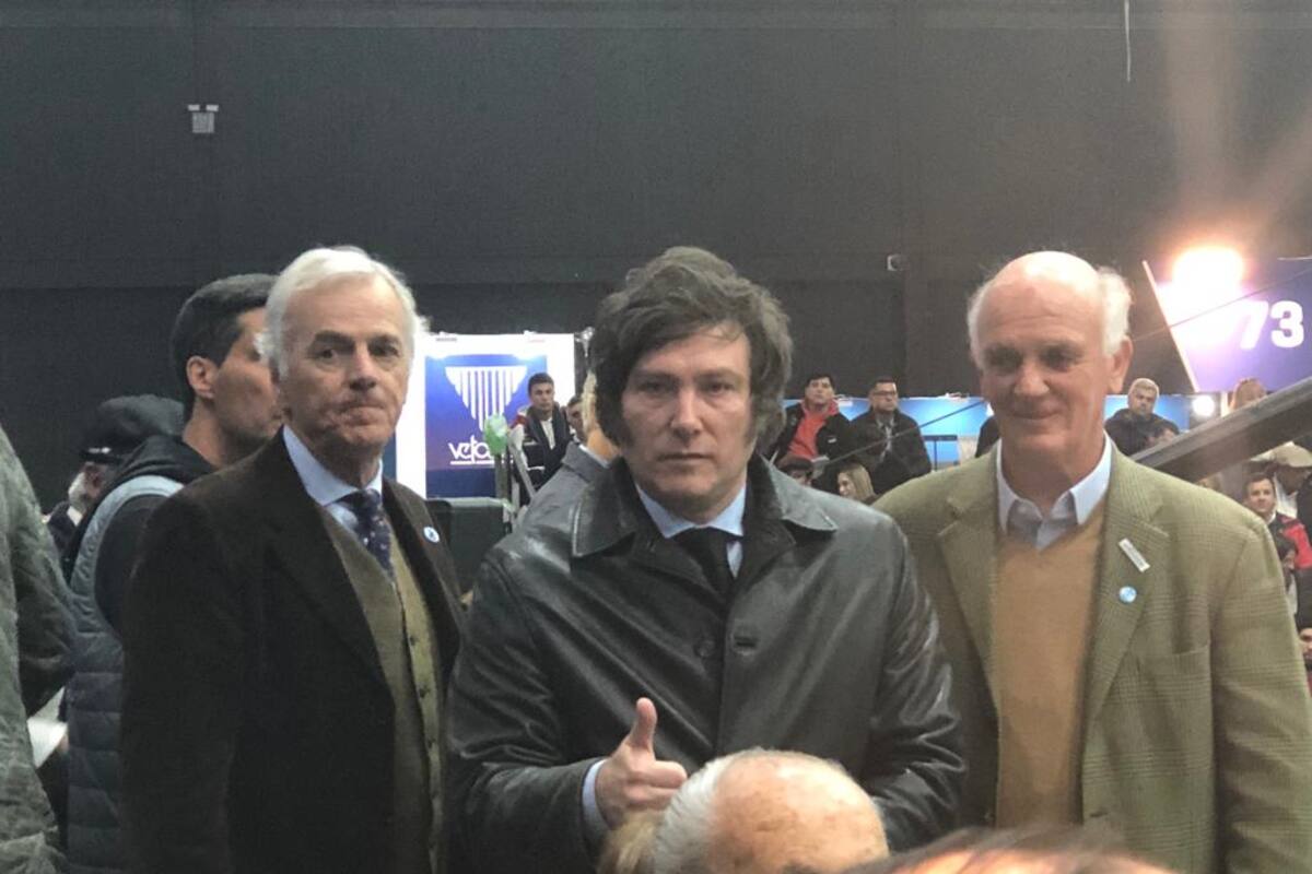 Javier Milei, con Manuel Olarra, vicepresidente de la Asociación Argentina de Angus, y Alfonso Bustillo, presidente de la entidad ganadera