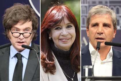 Javier Milei, Cristina Kirchner y Luis "Toto" Caputo