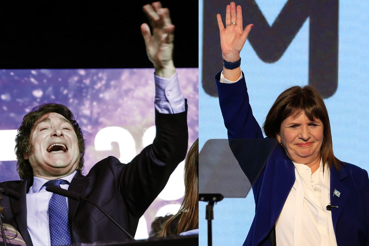 Javier Milei en su búnker tras el triunfo en las PASO; Patricia Bullrich saluda a sus seguidores