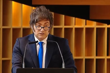 Javier Milei, en su presentación en el edificio de Corporación América, el miércoles 19