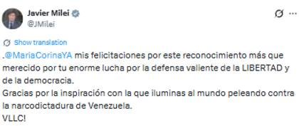 Javier Milei felicitó a María Corina Machado públicamente (X: @JMilei)