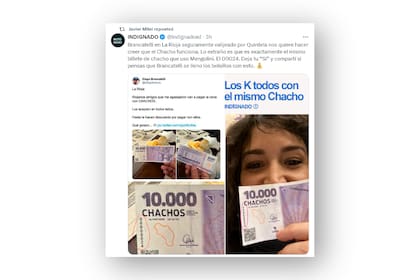 Javier Milei replicó un posteo con críticas a Diego Brancatelli y Juliana Mengolini por el uso de la cuasimoneda Chacho, en la provincia de La Rioja