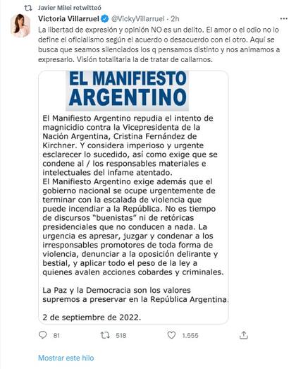 Javier Milei retuiteó el hilo de Victoria Villaruel