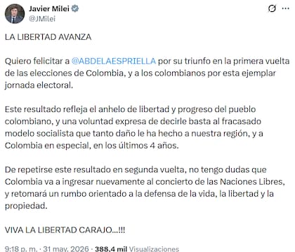 Javier Milei se pronunció ante el triunfo de Abelardo de la Espriella (Foto: Captura X/@JMilei)