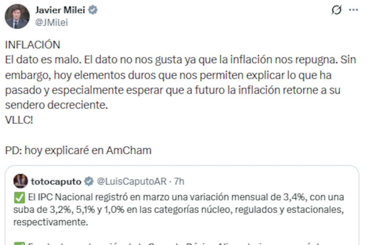 Javier Milei sostuvo que el dato de inflación de marzo "es malo"