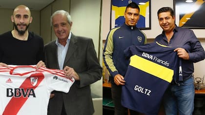 Javier Pinola, durante la presentación en River con Rodolfo D''Onofrio, y Paolo Goltz, en su primer día con Boca, junto con Daniel Angelici