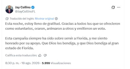 Jay Collins agradece el apoyo durante su campaña para gobernador en las elecciones primarias de Florida 2026
