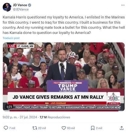 JD Vance replicó el comentario en sus redes sociales