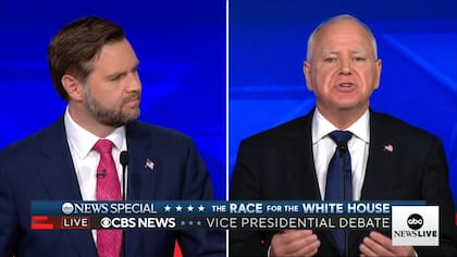 J.D. Vance y Tim Walz en el debate de los candidatos a vicepresidente de Estados Unidos, por la CBS (captura de video)