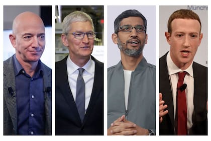 Jeff Bezos, Tim Cook, Sundar Pichai y Mark Zuckerberg. Tras más de año y medio de investigación, las pesquisas concluyen que los cuatro grandes son monopolios que expulsan a la competencia