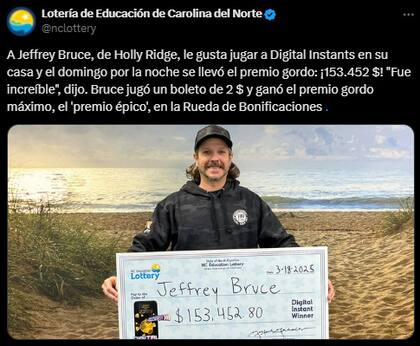 Jeffrey Bruce ganó el premio mayor en un juego digital en línea (X: @NCLottery)