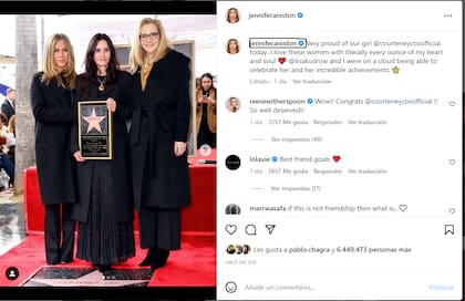 Jennifer Anniston felicitó a Courteney Cox en su cuenta de Instagram
