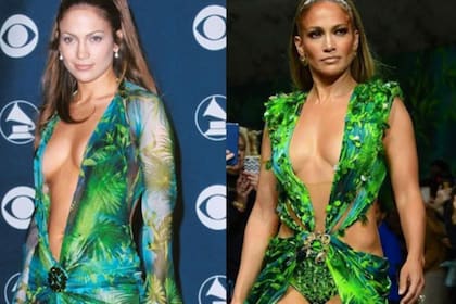 Jennifer Lopez lució una versión del vestido de Versace en un desfile inspirado en éste y comandado por Donatella