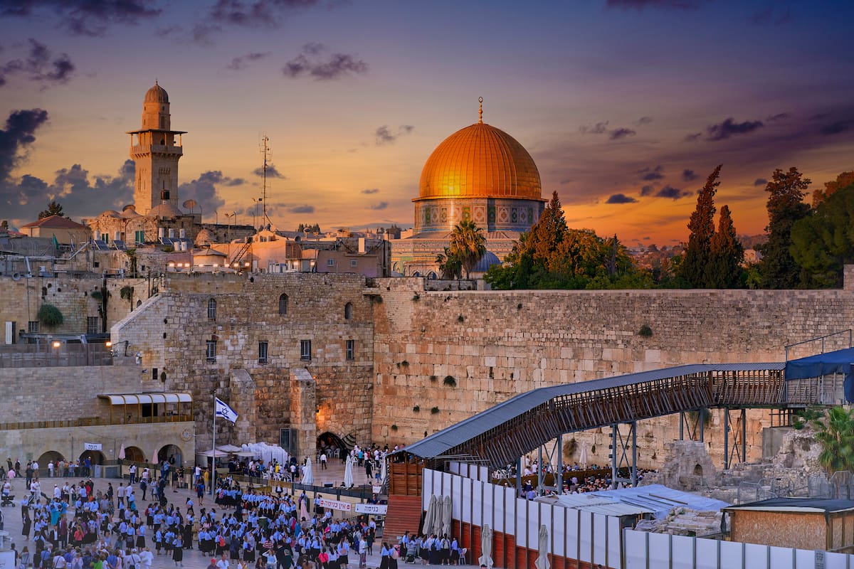 Jerusalem Israel. Dome of the rock, temple mount and wailing wall at sunset. Jerusalem Israel September 2019