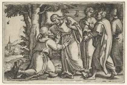 "Jesús extendió la mano y le tocó, diciendo: 'Quiero; sé limpio'. Y al instante su lepra desapareció", Mateo 8:1-4. ("Cristo cura al leproso", de "La historia de Cristo", 1534-35. Artista Georg Pencz)