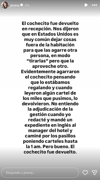 Jimena Barón llevó una buena noticia a sus seguidores con la aparición de su cochecito (Foto: Captura Instagram/@jmena)