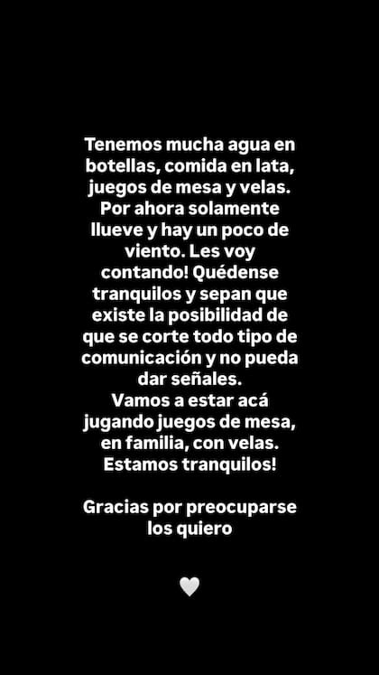 Jimena contó que tiene stock de agua potable y comida enlatada para atravesar la tormenta