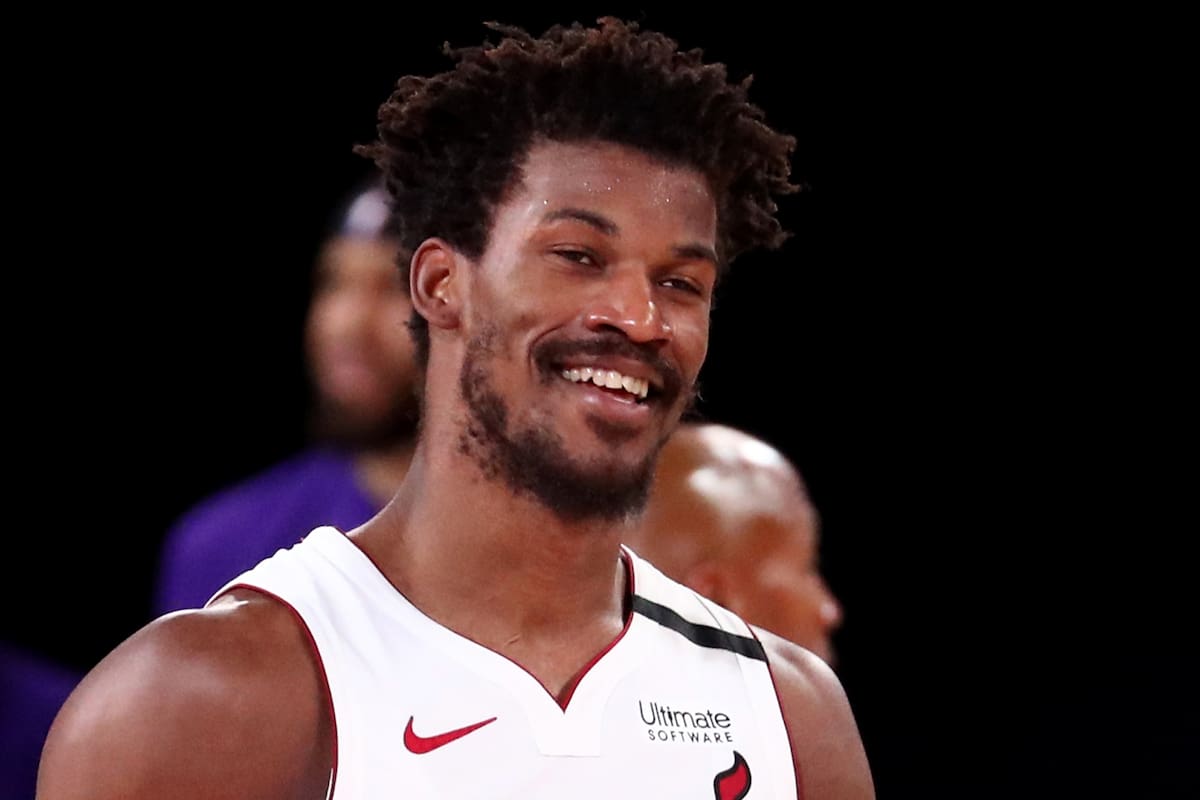 Jimmy Butler #22 of the Miami Heat smiles during Game Five of the NBA Finals on October 9, 2020