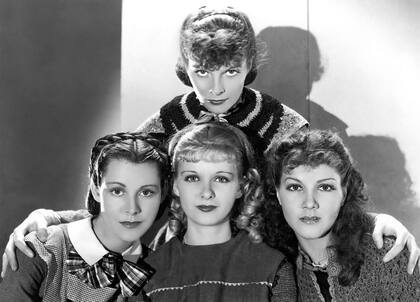 Joan Bennett (centro) con su color rubio original junto al elenco de Mujercitas (1933), dirigidas por George Cukor: Katharine Hepburn (arriba), Frances Dee (izquierda) y Jean Parker (derecha) .