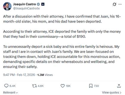 Joaquín Castro confirmó que la familia del bebé de dos meses fue deportada horas después de la comparecencia de la madre ante un juez de inmigración