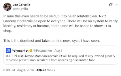 Joe Calvello, el secretario de prensa de Mamdani, aseguró que el rumor sobre el pedido de ID en los nuevos supermercados era “el ciclo de noticias en línea más absurdo y falso que he visto"