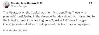 John Cornyn catalogó el ataque al Capitolio como "horrible e indignante"