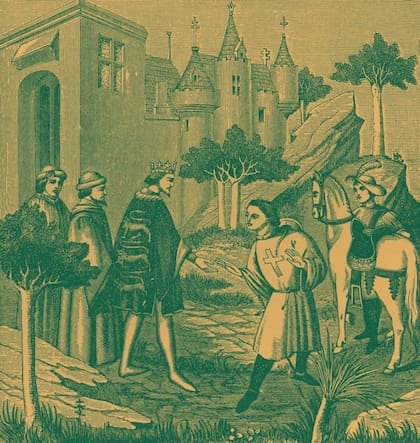 John de Mandeville despidiéndose de Eduardo III, antes de su partida hacia 'más allá de los mares'. De miniatura en 'Merveilles du Monde' del siglo XV