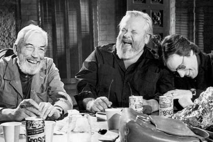 John Huston, aquí protagonista; Welles y Peter Bogdanovich, en un alto del rodaje del film
