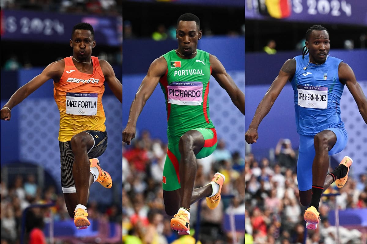Jordan Díaz (España), Pedro Pichardo (Portugal) y Andy Díaz Hernández (Italia); tres cubanos en el podio de salto triple de los Juegos Olímpicos París 2024, pero ninguna medalla sumará para la isla