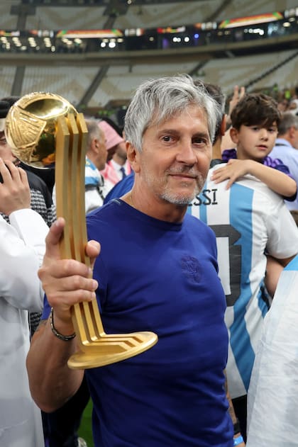 Jorge Messi, father and agent of Lionel Messi - holding his son's trophy of 'Best player of the World Cup - following the FIFA World Cup Qatar 2022 Final match between Argentina and France at Lusail Stadium on December 18, 2022 in Lusail City, Qatar