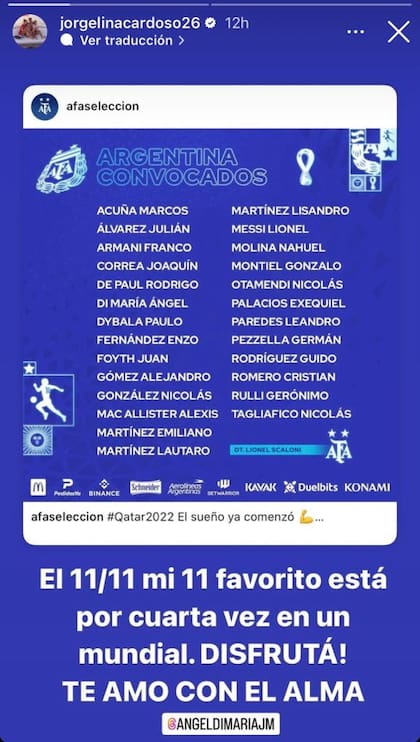 Jorgelina Cardoso le dedicó un sentido mensaje a Ángel Di Maria tras la conformación de la lista de Lionel Scaloni (Foto: Instagram @jorgelinacardoso26)
