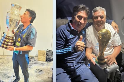 José Almaraz posa con su amigo Tapia y con la Copa del Mundo