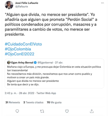 José Félix Lafauire, entre los que comentaron el twit de Egan
