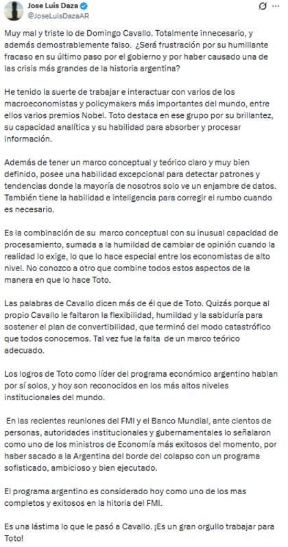 José Luis Daza salió al cruce de Cavallo tras sus críticas a Luis Caputo