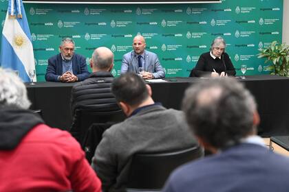 José María Romero, subsecretario de Ganadería; Matías Lestani, secretario de Agricultura, y Diana Guillén, presidenta del Senasa en la conferencia de prensa en el Ministerio de Agricultura