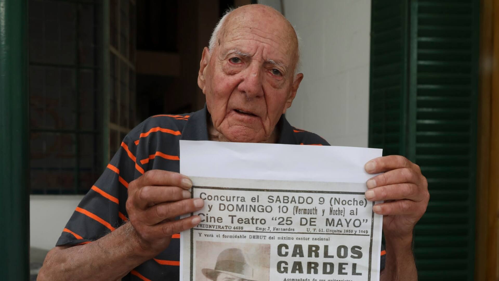 Juan Antonio Bravo. Tiene 92 años y estuvo en el ultimo recital que dio Carlos Gardel en la Argentina
