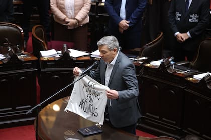 Juan Carlos Giordano juró como diputado nacional por el FIT con la bandera con la leyenda "Las Malvinas son argentinas"