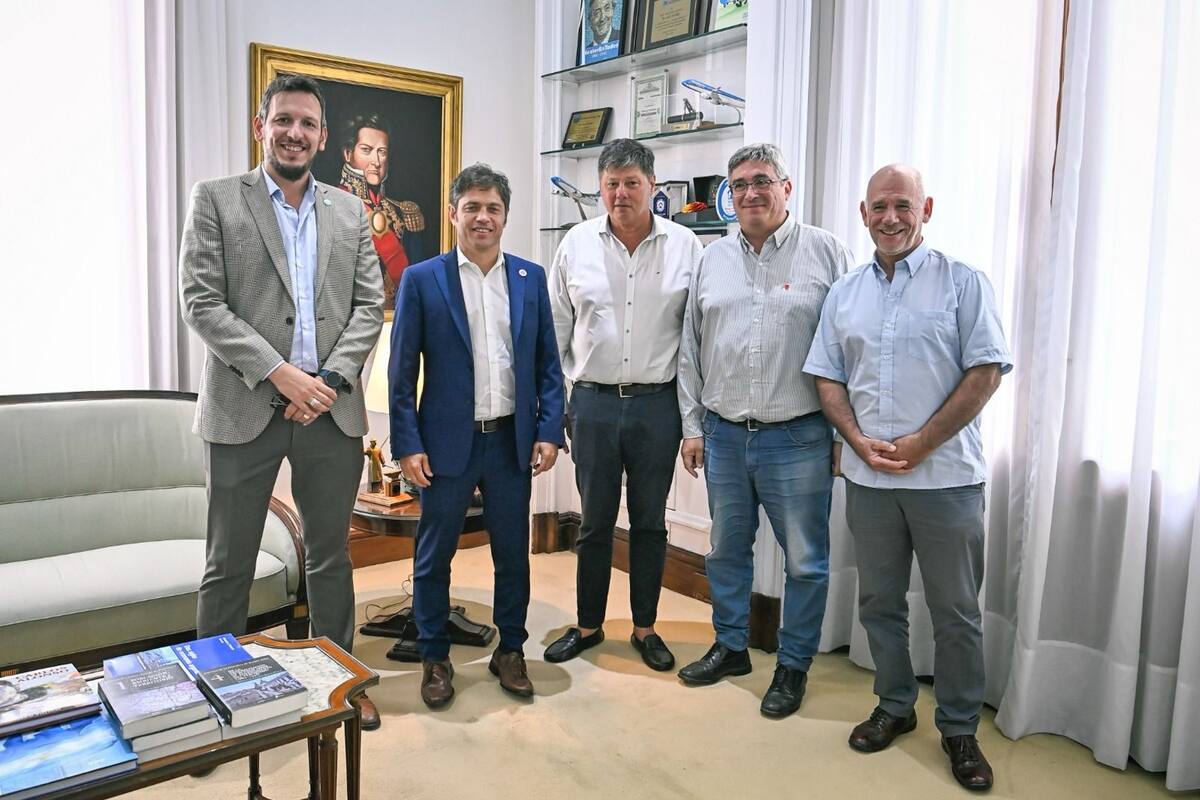 Juan Cuattromo (Banco Provincia); el gobernador Axel Kicillof; Martín Schvartzman, CEO de Exponenciar; Javier Rodríguez, ministro de Desarrollo Agrario, y Rafael Magnanini, del equipo institucional de Expoagro