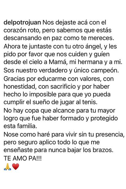 El mensaje público de Juan Martín del Potro, un día luego del fallecimiento de Daniel a los 64 años.