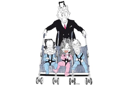 Juan Domingo Perón, Carlos Menem, Cristina Fernández y Néstor Kirchner. Ilustración: Alfredo Sabat.