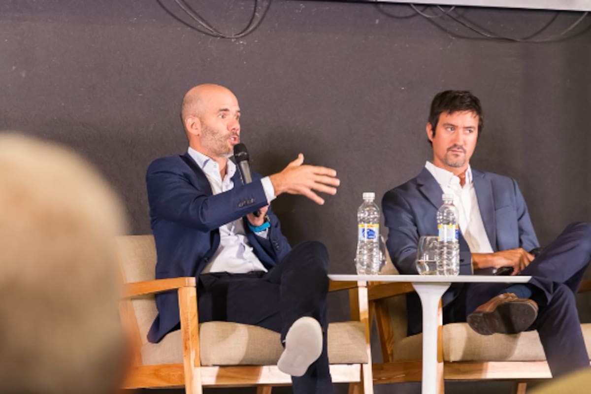 Juan Farinati, presidente y CEO de Bayer para la región y Juan Lariguet, presidente para la región Cono Sur de Corteva Agriscience, en Jonagro, la Jornada Nacional del Agro
