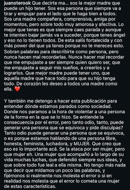 Juan Otero compartió un extenso texto en alusión a las críticas que recibió su madre