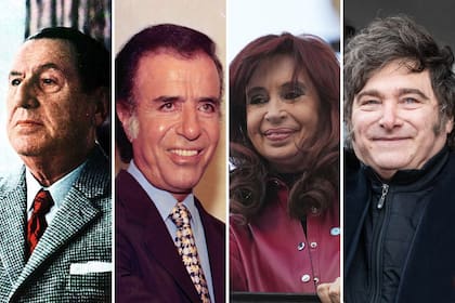 Juan Perón, Carlos Menem, Cristina Kirchner y Javier Milei