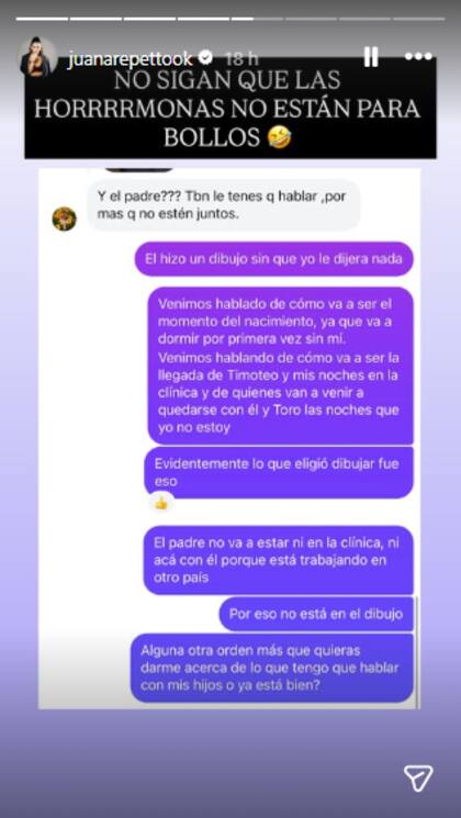 Juana Repetto le respondió a una seguidora que la cuestionó por la ausencia de su exmarido en un dibujo que hizo su hijo (Foto: Instagram @juanarepettook)