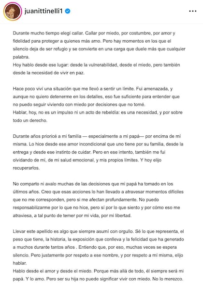 Juana Tinelli solicitó un botón antipánico el jueves 30 de octubre (Fuente: @juanittinelli1)