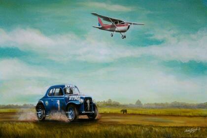 “Juancito y el avión”. El máximo campeón del Turismo Carretera, Juan Gálvez, acelera su cupé Ford acompañado desde el aire. Acrílico sobre tela (60 x 50 centímetros).