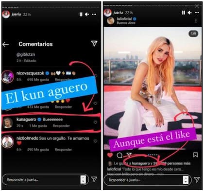Juauriu hizo la captura en el momento justo: like y comentario del Kun Agüero.