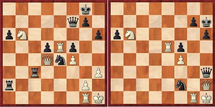 Juegan las negras, que realizan una brillante combinación sacrificando las dos torres en procura del mate: 35…Dh5! 36.Dxd5 Rh7 37.Dxa2 Txh3 ! 38 gxh3 Dxh3 39.Dh2 Cf2 mate.
