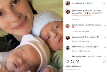 Julia Roberts felicitó a sus dos mellizos por su cumpleaños 17